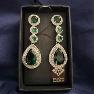 Rhinestone & Green Gem Dangling Earrings sparkly